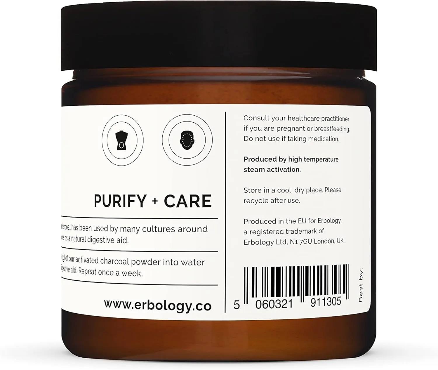 Erbology Activated Charcoal Powder 1.8 oz - Teeth Whitening - Add to Face Masks, Toothpaste and Body Wraps for Natural Exfoliation - Natural Digestive Aid - Vegan - Recyclable Glass Jar
