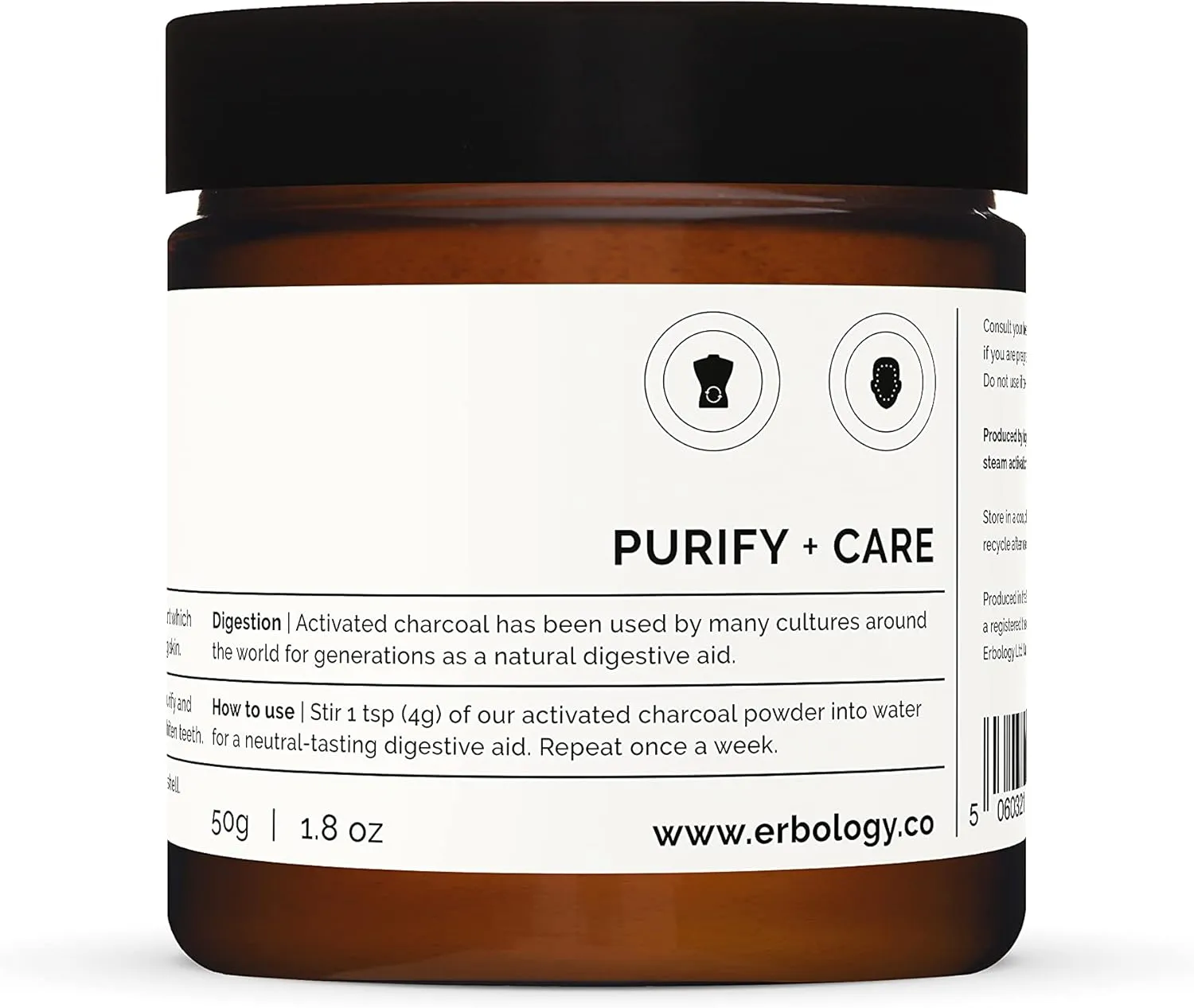 Erbology Activated Charcoal Powder 1.8 oz - Teeth Whitening - Add to Face Masks, Toothpaste and Body Wraps for Natural Exfoliation - Natural Digestive Aid - Vegan - Recyclable Glass Jar