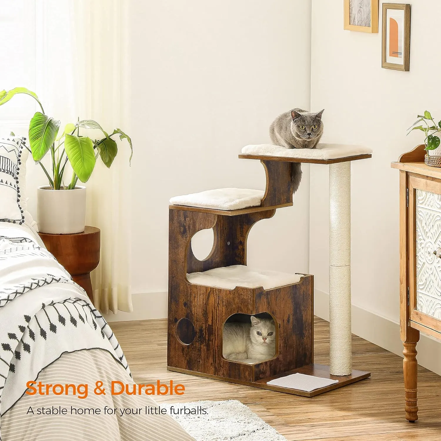 FEANDREA 33.9-Inch Cat Tower, Medium Cat Tree with 3 Beds and Cave, Cat Condo Made of MDF with Wood Veneer, Sisal Post and Washable Faux Fur, Vintage, Rustic Brown and White UPCT70HW