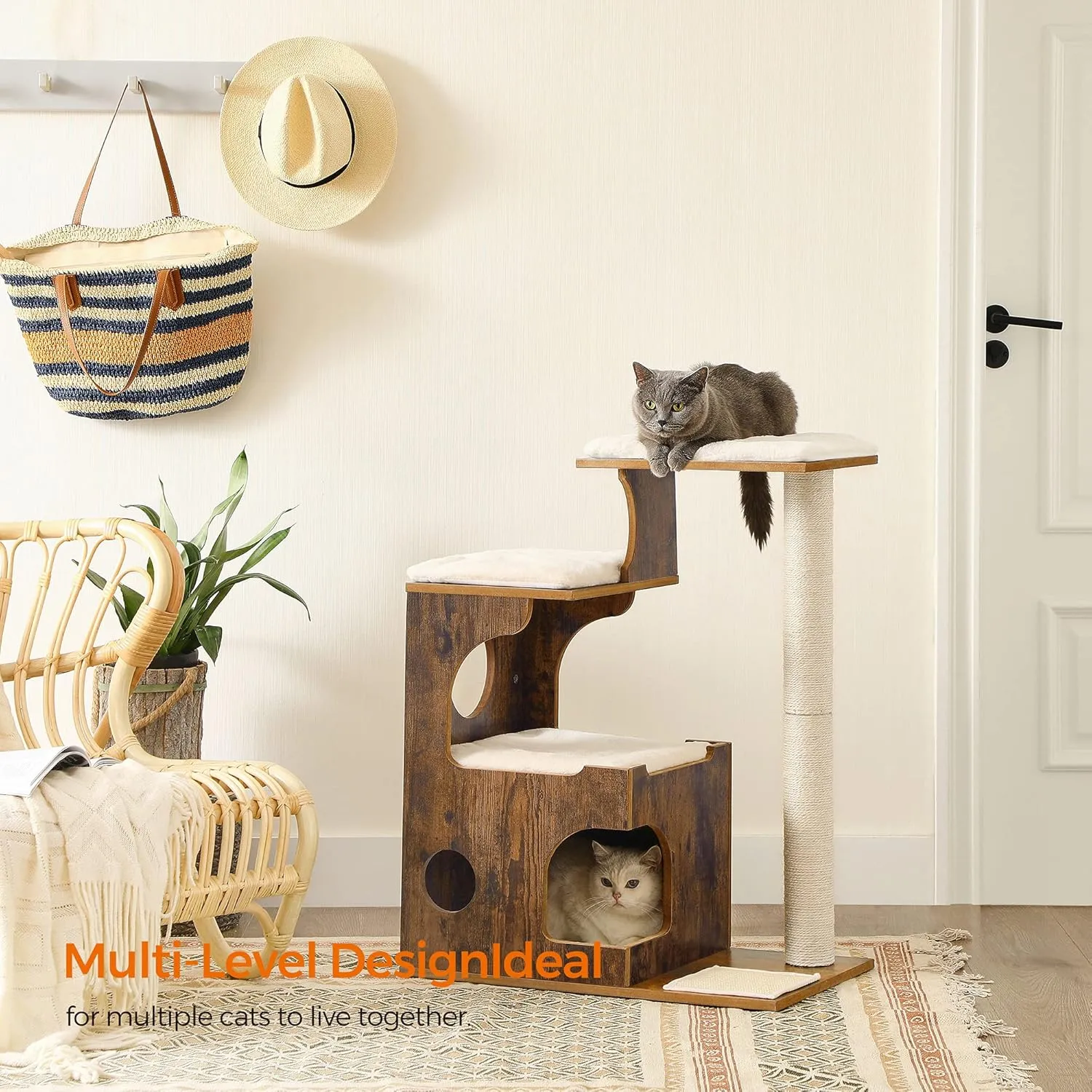 FEANDREA 33.9-Inch Cat Tower, Medium Cat Tree with 3 Beds and Cave, Cat Condo Made of MDF with Wood Veneer, Sisal Post and Washable Faux Fur, Vintage, Rustic Brown and White UPCT70HW