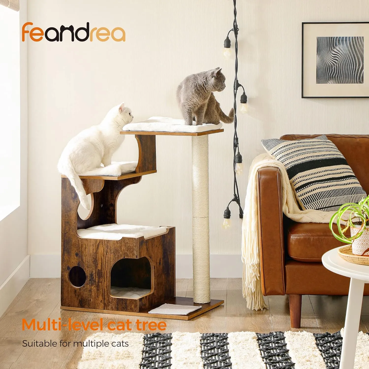 FEANDREA 33.9-Inch Cat Tower, Medium Cat Tree with 3 Beds and Cave, Cat Condo Made of MDF with Wood Veneer, Sisal Post and Washable Faux Fur, Vintage, Rustic Brown and White UPCT70HW