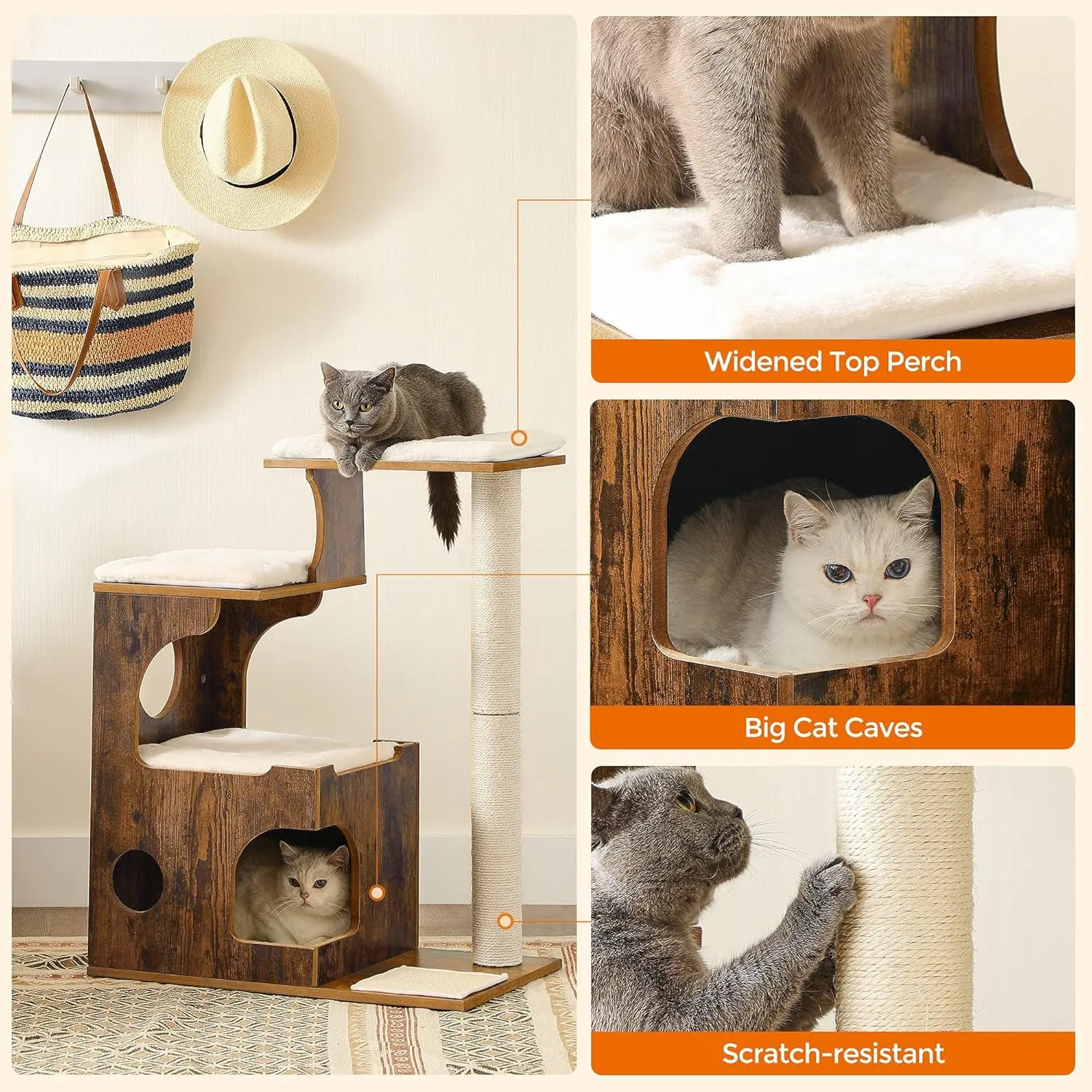 FEANDREA 33.9-Inch Cat Tower, Medium Cat Tree with 3 Beds and Cave, Cat Condo Made of MDF with Wood Veneer, Sisal Post and Washable Faux Fur, Vintage, Rustic Brown and White UPCT70HW