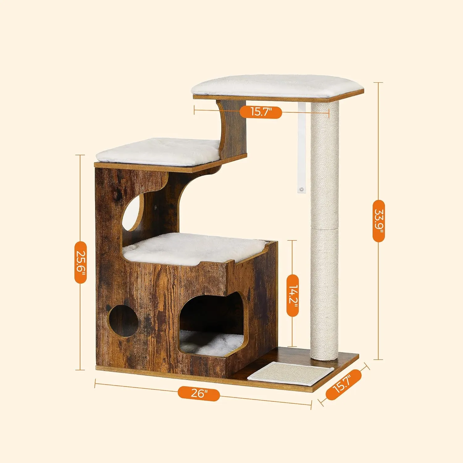 FEANDREA 33.9-Inch Cat Tower, Medium Cat Tree with 3 Beds and Cave, Cat Condo Made of MDF with Wood Veneer, Sisal Post and Washable Faux Fur, Vintage, Rustic Brown and White UPCT70HW