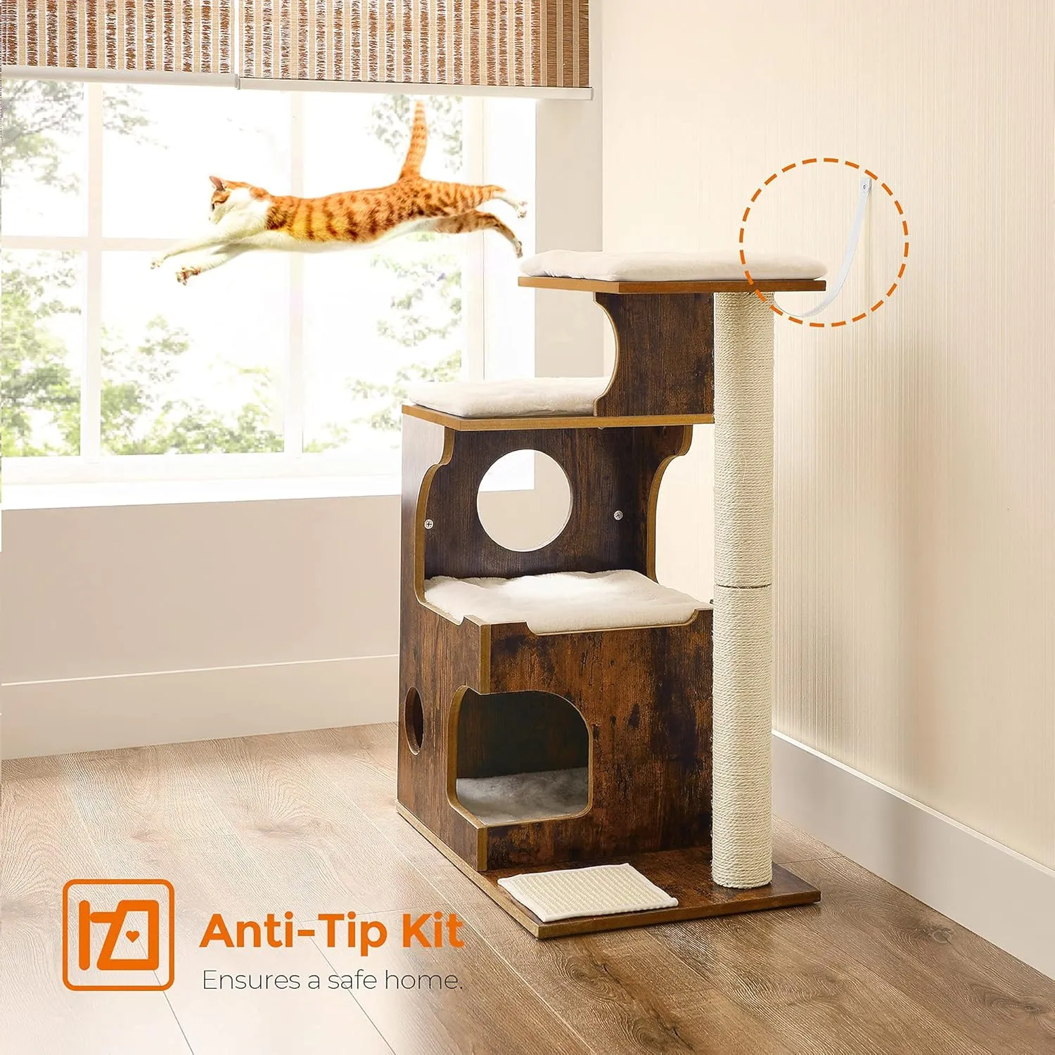 FEANDREA 33.9-Inch Cat Tower, Medium Cat Tree with 3 Beds and Cave, Cat Condo Made of MDF with Wood Veneer, Sisal Post and Washable Faux Fur, Vintage, Rustic Brown and White UPCT70HW