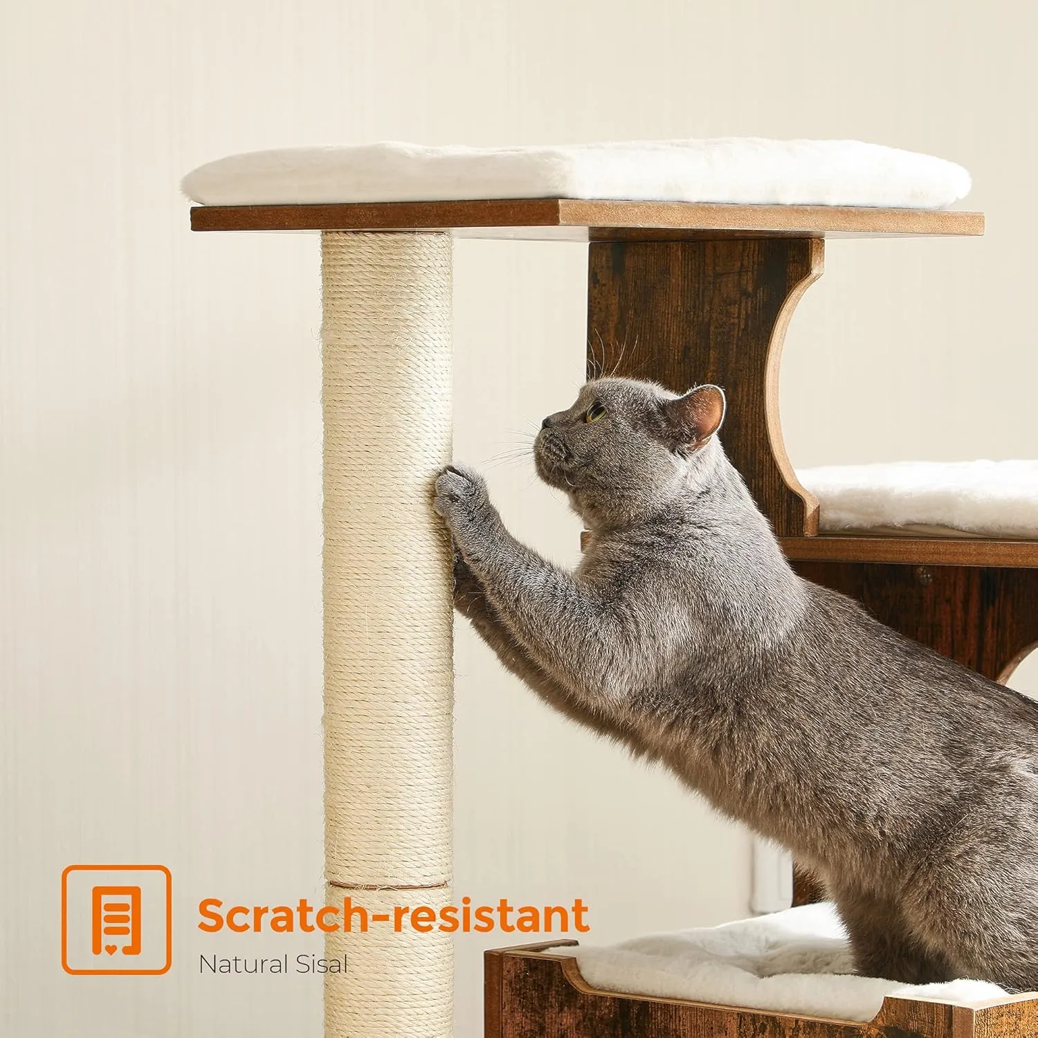 FEANDREA 33.9-Inch Cat Tower, Medium Cat Tree with 3 Beds and Cave, Cat Condo Made of MDF with Wood Veneer, Sisal Post and Washable Faux Fur, Vintage, Rustic Brown and White UPCT70HW