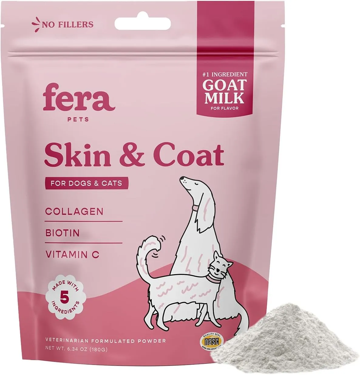 Fera Pet Organics Skin & Coat Goat Milk Cat & Dog  Vet Created - Pet Coat Thickness & Skin Hydration - Collagen, Biotin & Vitamin C - 60 Servings