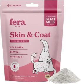 Fera Pet Organics Skin & Coat Goat Milk Cat & Dog  Vet Created - Pet Coat Thickness & Skin Hydration - Collagen, Biotin & Vitamin C - 60 Servings