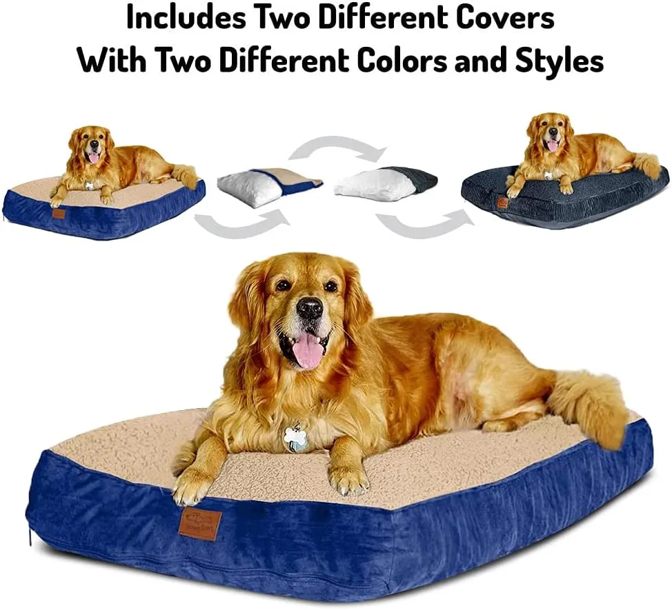 Floppy Dawg Large Dog Bed with Two Removable, Washable Covers and Waterproof Liner. Interchangeable 2-in-1, Classic Pillow, Ortho Memory Foam Blend. Made for Big Dogs up to 90 Pounds.