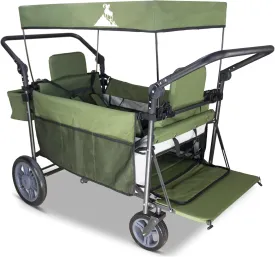 Foldable Wagon with Canopy - Collapsible Utility Cart with 2 Seats & Belts, Adjustable Handle, Expandable Front for Camping, Picnic, Shopping (Beige/Green)
