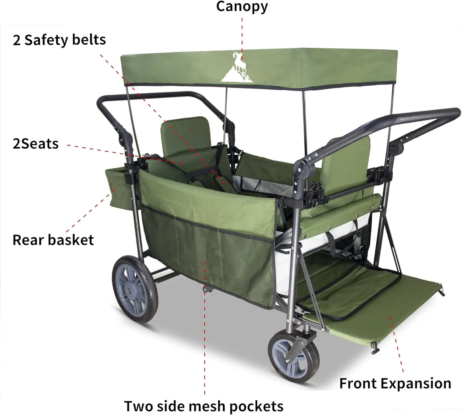 Foldable Wagon with Canopy - Collapsible Utility Cart with 2 Seats & Belts, Adjustable Handle, Expandable Front for Camping, Picnic, Shopping (Beige/Green)