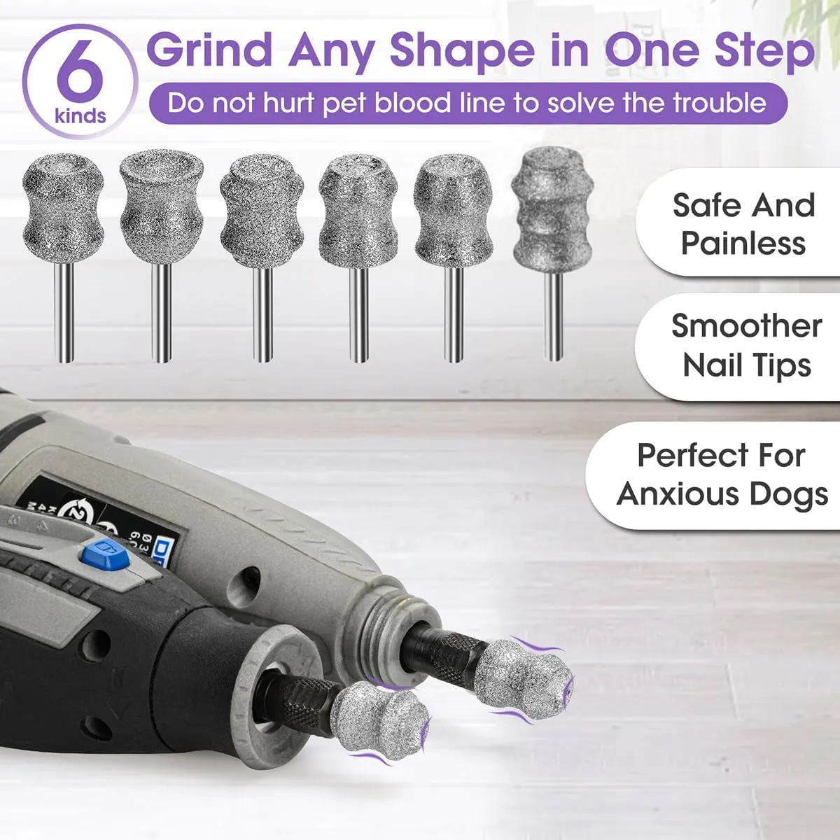 for Dremel Dog Nail Grinder - Diamond Bits Attachment for Dog Nail - 1/8'' Painless Nail Grinder Bits Won't Pull Hair or Get Hot for Large Medium Small Dogs and Cats Paws Grooming
