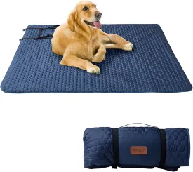 Friends Forever Large Travel Dog Bed Mat, Portable Pet Sleeping Pad with Carrying Strap, Couch Protector, Soft Quilted Cover Throw for Cold Weather, Machine Washable, 50" W x 60" L, GEO Navy/Grey