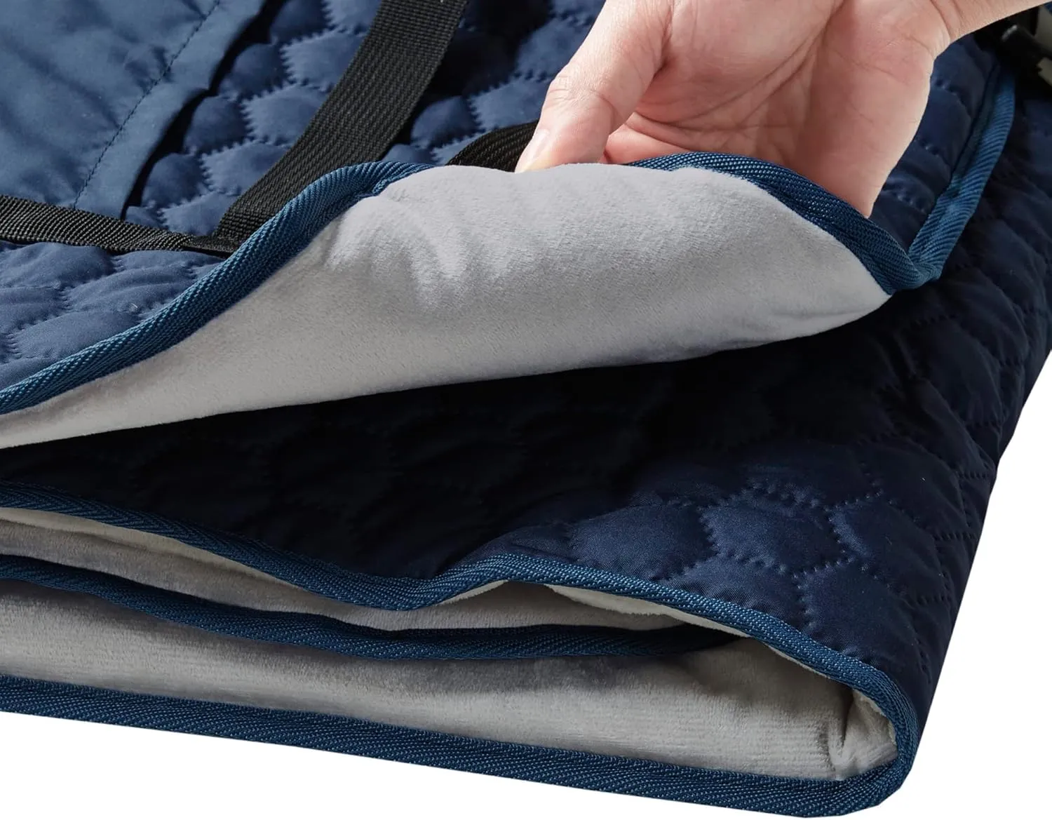 Friends Forever Large Travel Dog Bed Mat, Portable Pet Sleeping Pad with Carrying Strap, Couch Protector, Soft Quilted Cover Throw for Cold Weather, Machine Washable, 50" W x 60" L, GEO Navy/Grey