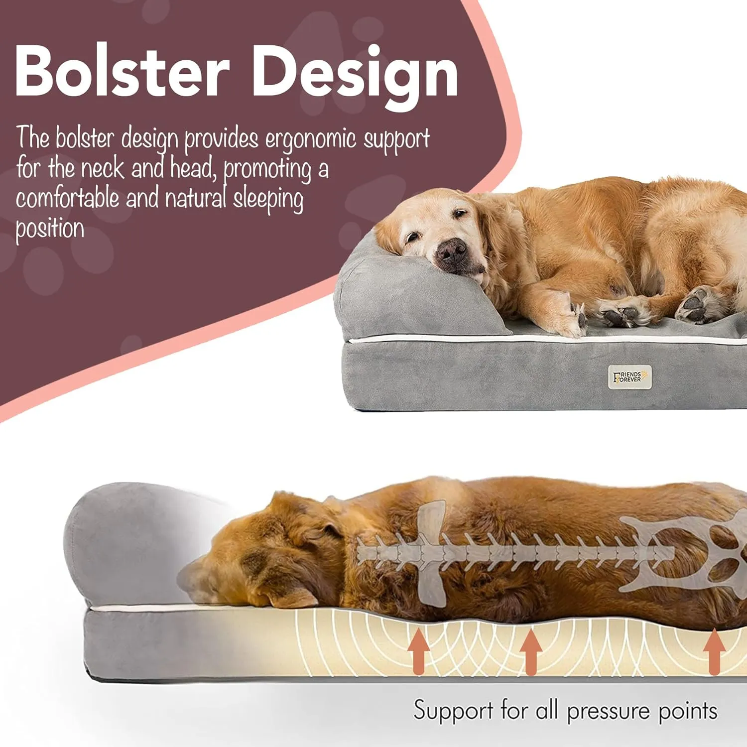 Friends Forever X-Large Dog Bed, Orthopedic Dog Sofa Memory Foam Mattress, Calming Dog Couch Bed, Wall Rim Pillow, Water Resistant Liner, Washable Cover, Non-Slip Bottom, Chester, X-Large Grey