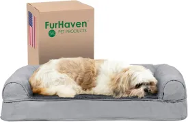 Furhaven Cooling Gel Dog Bed for Medium/Small Dogs w/ Removable Bolsters & Washable Cover, For Dogs Up to 35 lbs - Plush & Suede Sofa - Gray, Medium