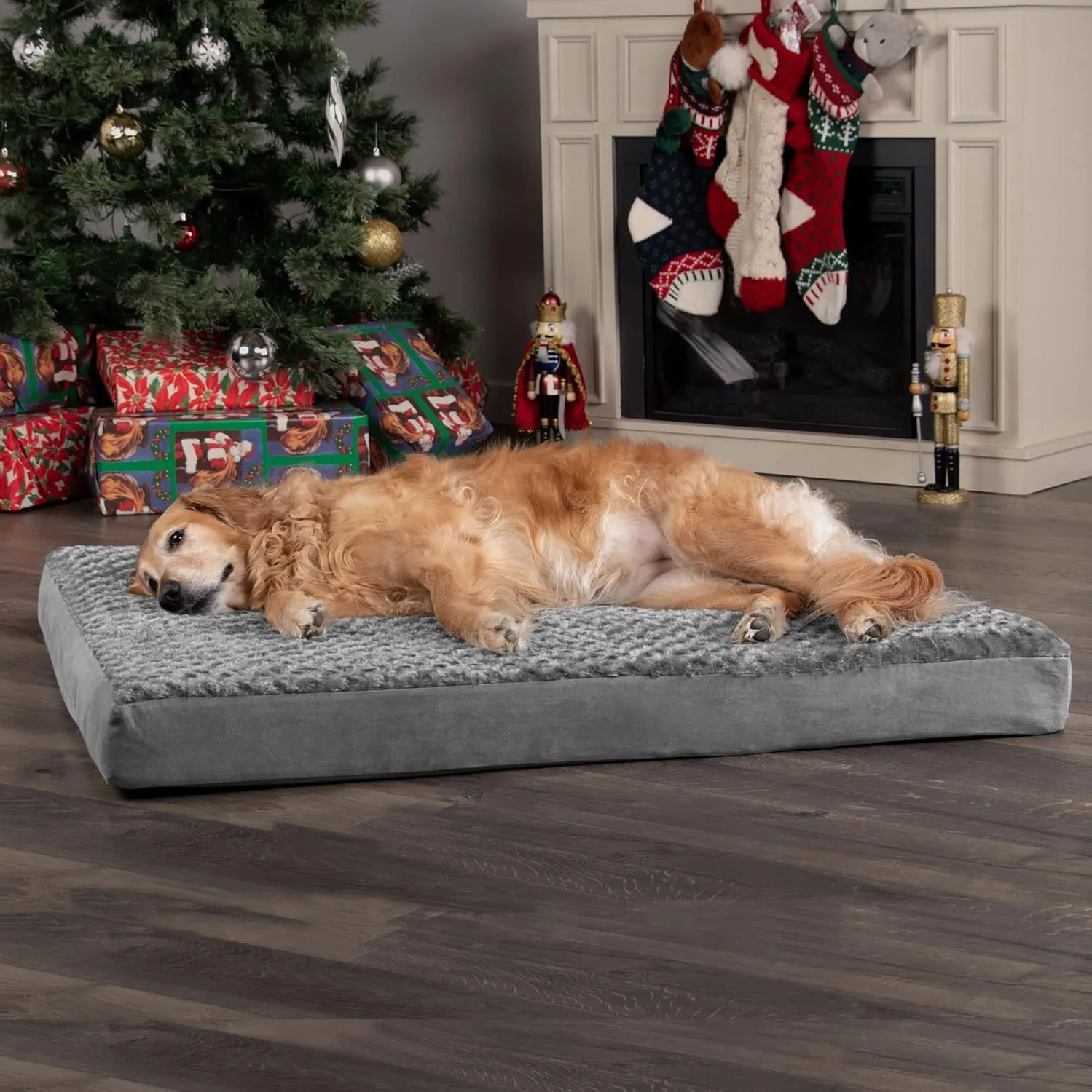 Furhaven Memory Foam Dog Bed for Large Dogs w/ Removable Washable Cover, For Dogs Up to 95 lbs - Ultra Plush Faux Fur & Suede Mattress - Gray, Jumbo/XL