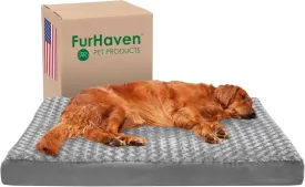 Furhaven Memory Foam Dog Bed for Large Dogs w/ Removable Washable Cover, For Dogs Up to 95 lbs - Ultra Plush Faux Fur & Suede Mattress - Gray, Jumbo/XL
