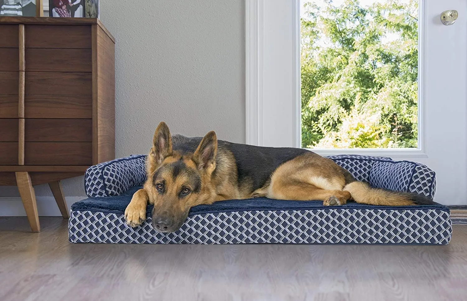 Furhaven Orthopedic Dog Bed for Large Dogs w/ Removable Bolsters & Washable Cover, For Dogs Up to 95 lbs - Plush & Woven Decor Comfy Couch Sofa - Diamond Blue, Jumbo/XL
