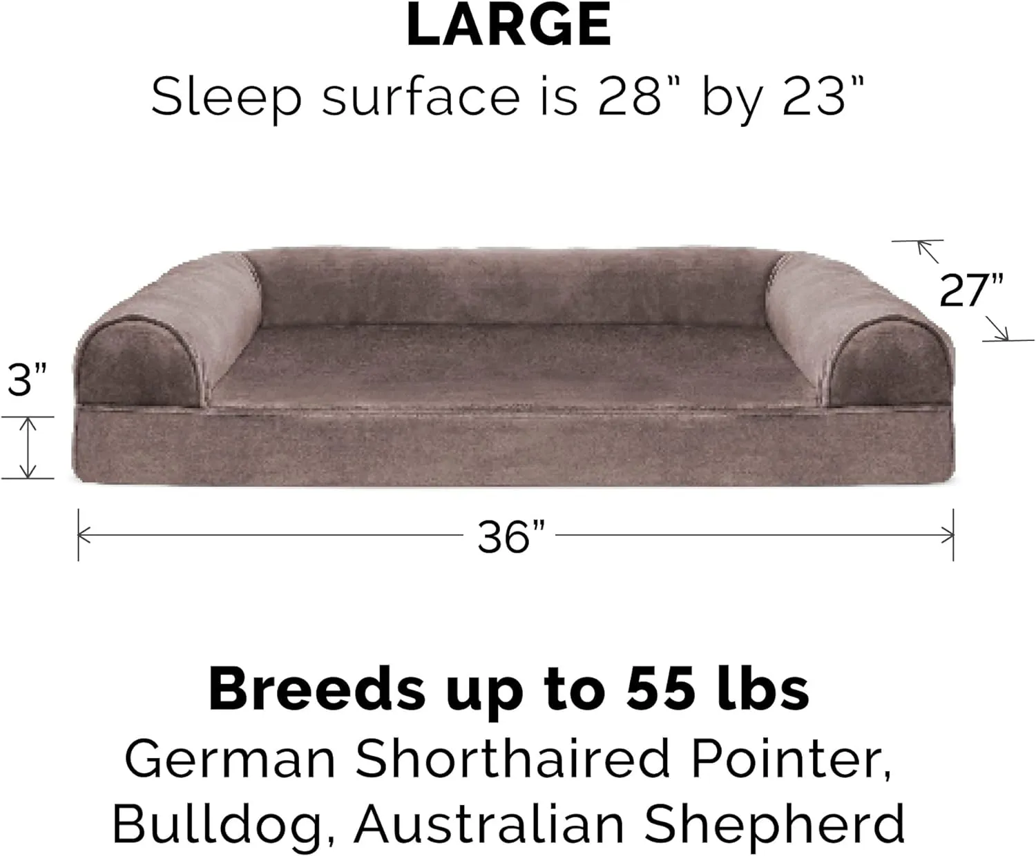 Furhaven Orthopedic Dog Bed for Large/Medium Dogs w/ Removable Bolsters & Washable Cover, For Dogs Up to 55 lbs - Faux Fur & Velvet Sofa - Driftwood Brown, Large