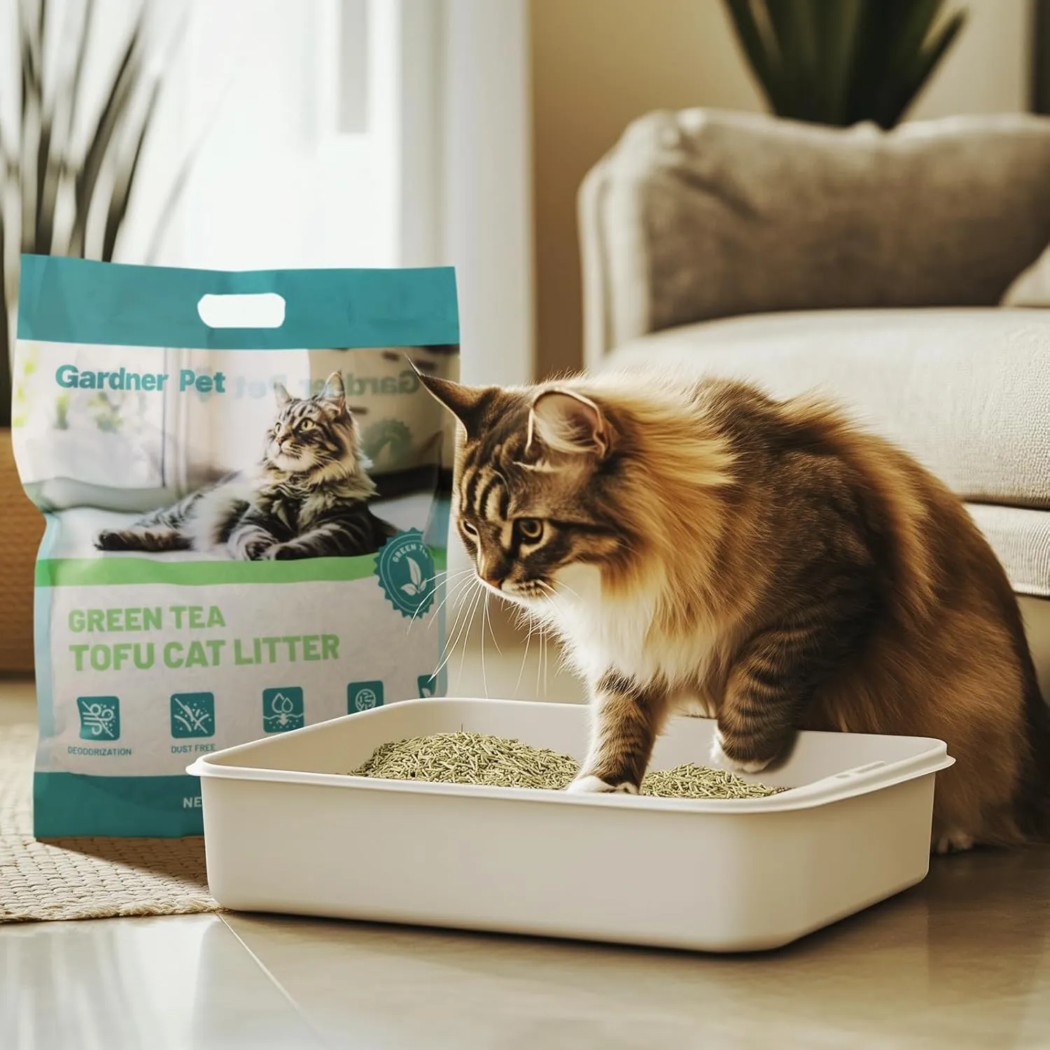Gardner Pet Natural Tofu Cat Litter, Cat Litter with Green Tea Extract  Dust-Free, Fast Clumping, Flushable, and Odor Control for Multi-Cat Homes, 6lbs