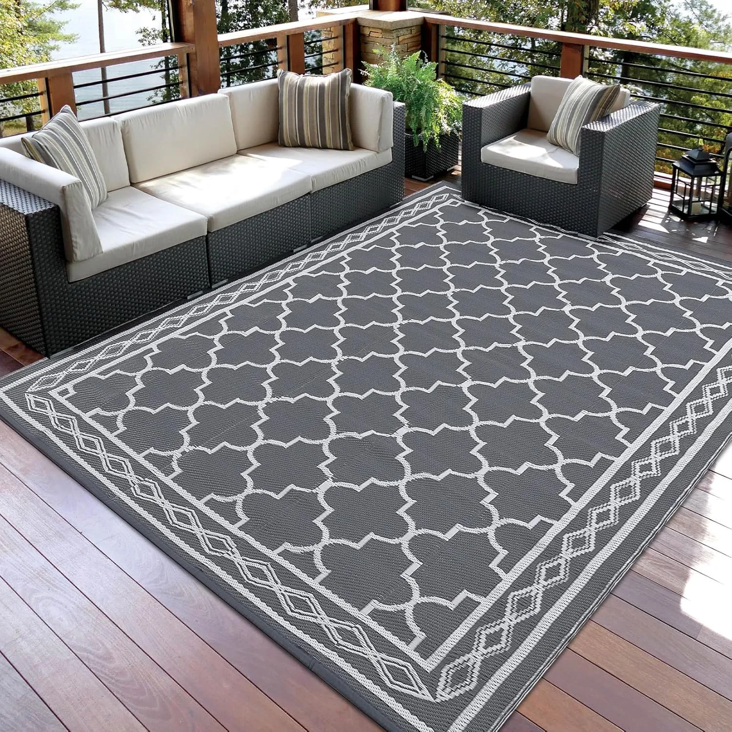 Garvee Outdoor Rug 9x12 Waterproof for Patio Clearance,Large Plastic Straw Mat for Camping,Porch,RV,Reversible Rugs for Deck Entryance Picnic Balcony Beach (Grey/White)