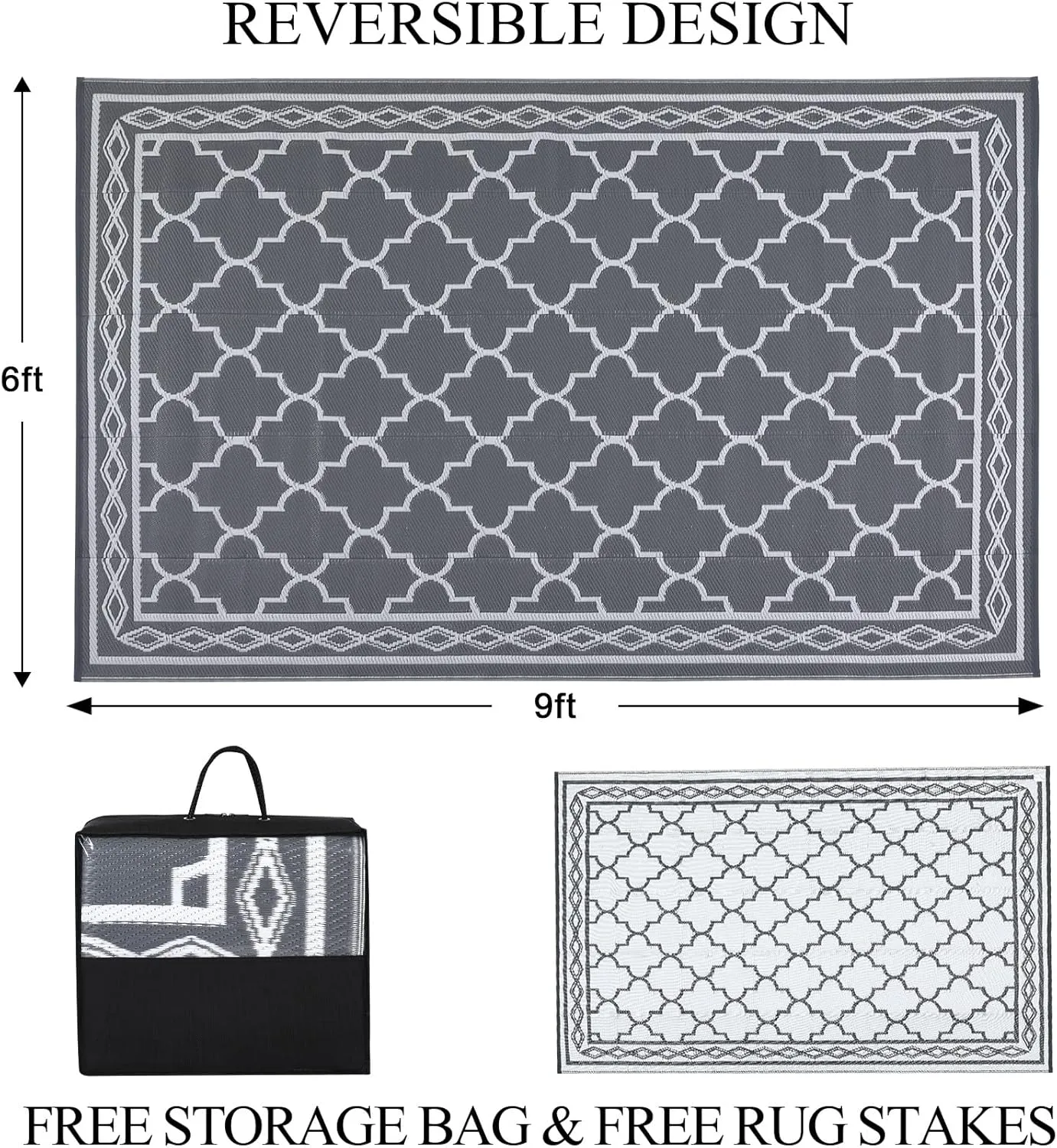 Garvee Outdoor Rug 9x12 Waterproof for Patio Clearance,Large Plastic Straw Mat for Camping,Porch,RV,Reversible Rugs for Deck Entryance Picnic Balcony Beach (Grey/White)