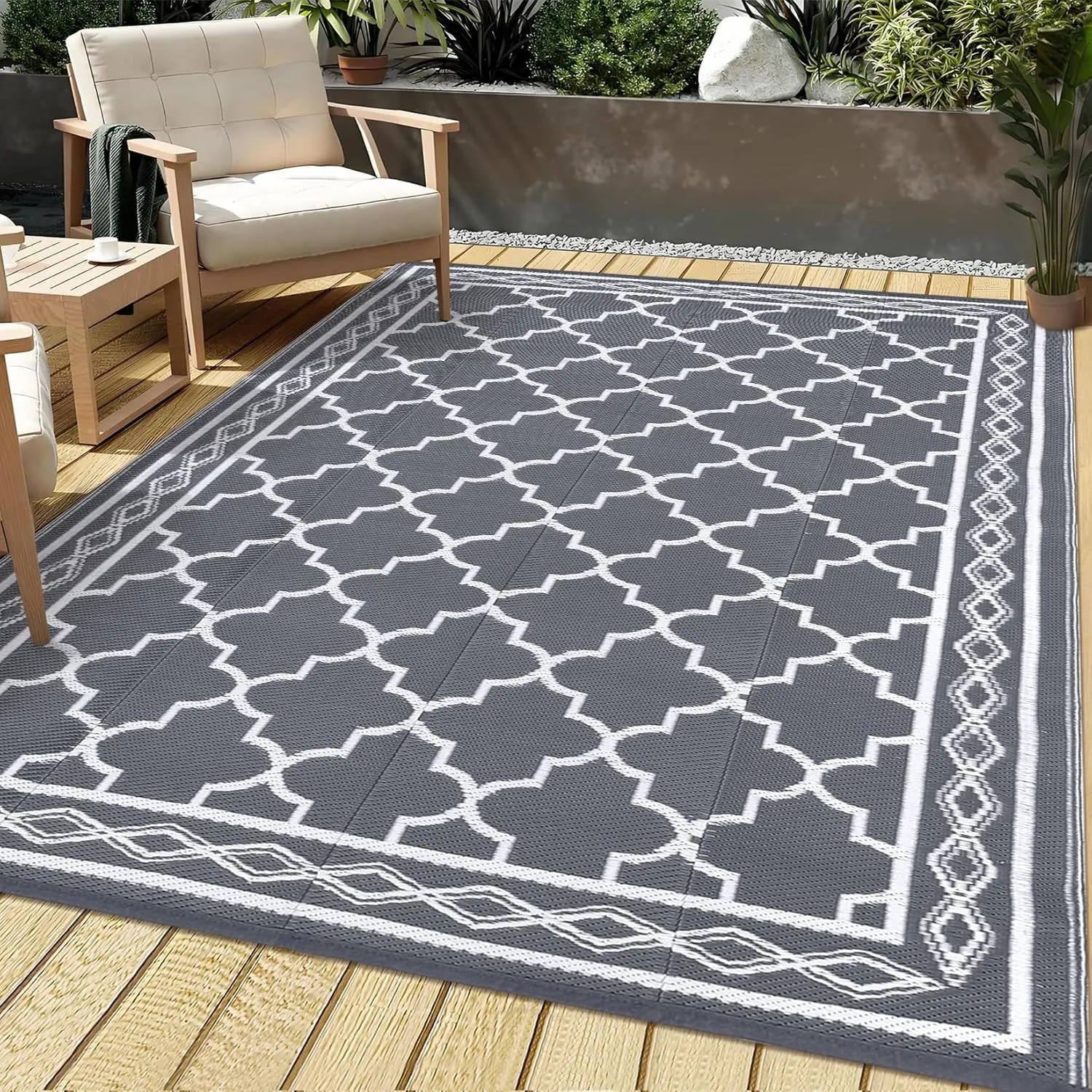 Garvee Outdoor Rug 9x12 Waterproof for Patio Clearance,Large Plastic Straw Mat for Camping,Porch,RV,Reversible Rugs for Deck Entryance Picnic Balcony Beach (Grey/White)