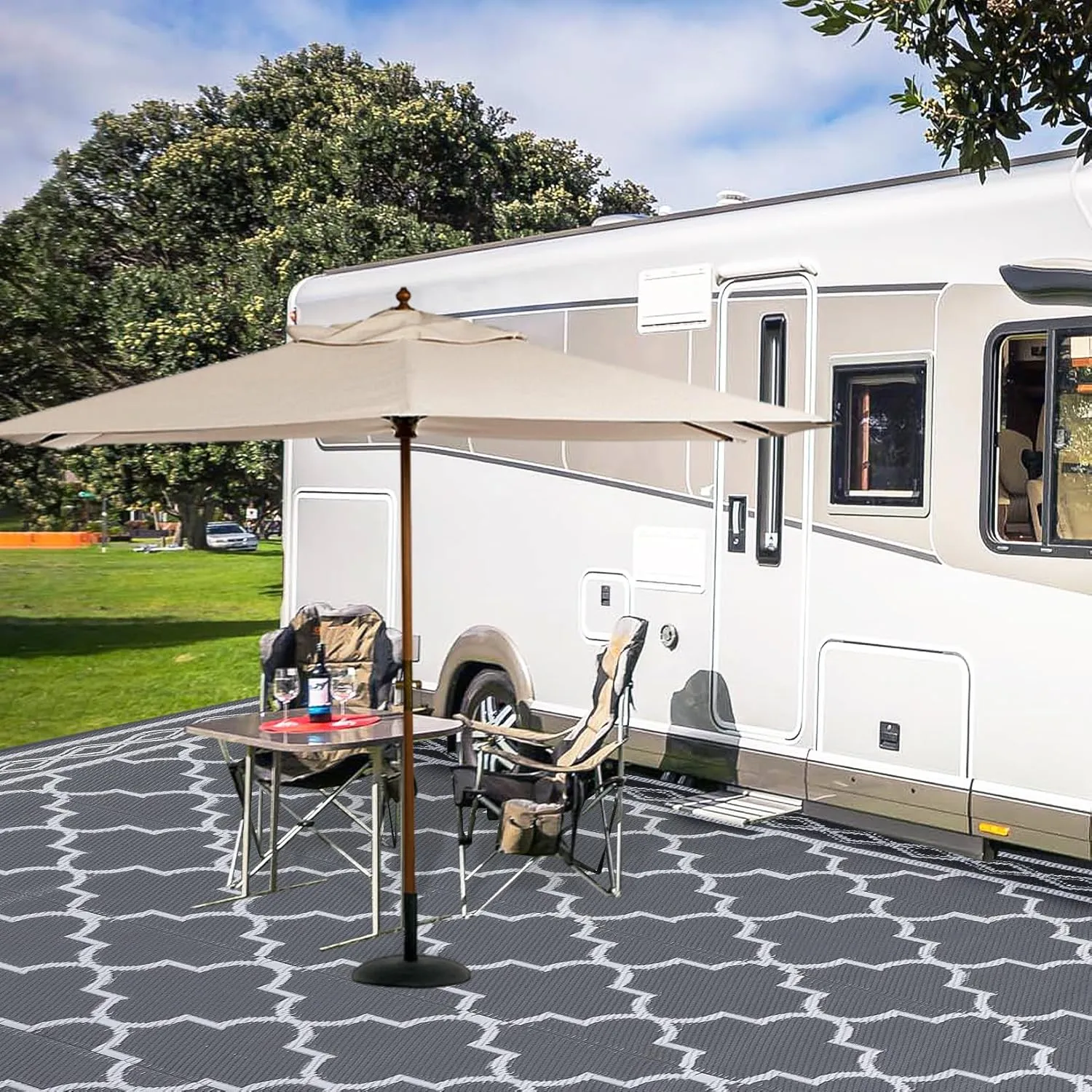 Garvee Outdoor Rug 9x12 Waterproof for Patio Clearance,Large Plastic Straw Mat for Camping,Porch,RV,Reversible Rugs for Deck Entryance Picnic Balcony Beach (Grey/White)