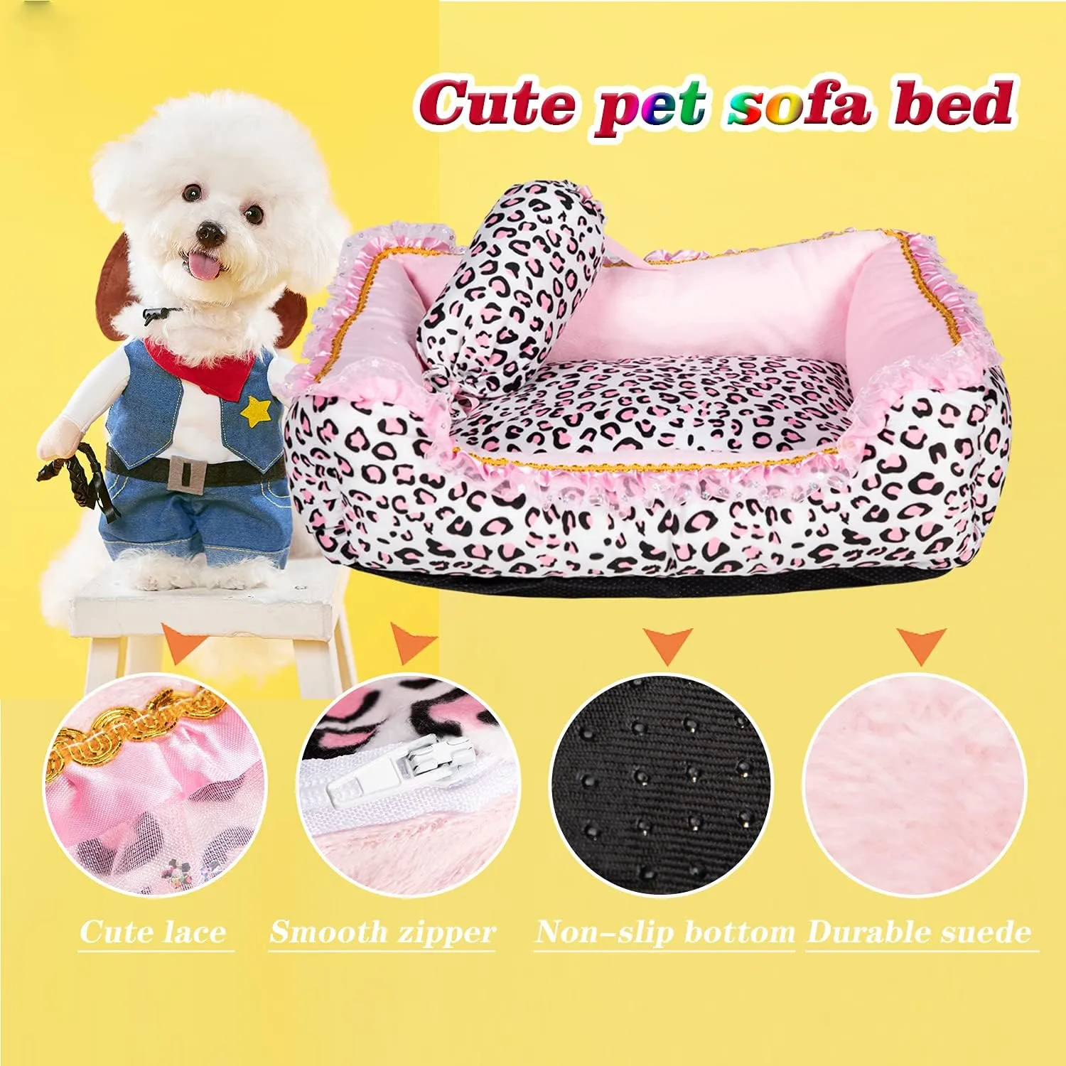 Gigreinc Dog Bed for Small Dogs - Cute Pink Leopard Dog Bed,Cat Beds for Indoor Cats Washable - Square Shape Cat Dog Sofa Bed Pet House Nest Cave(L, 22.0" L x 17.0" W x 6.0" Th