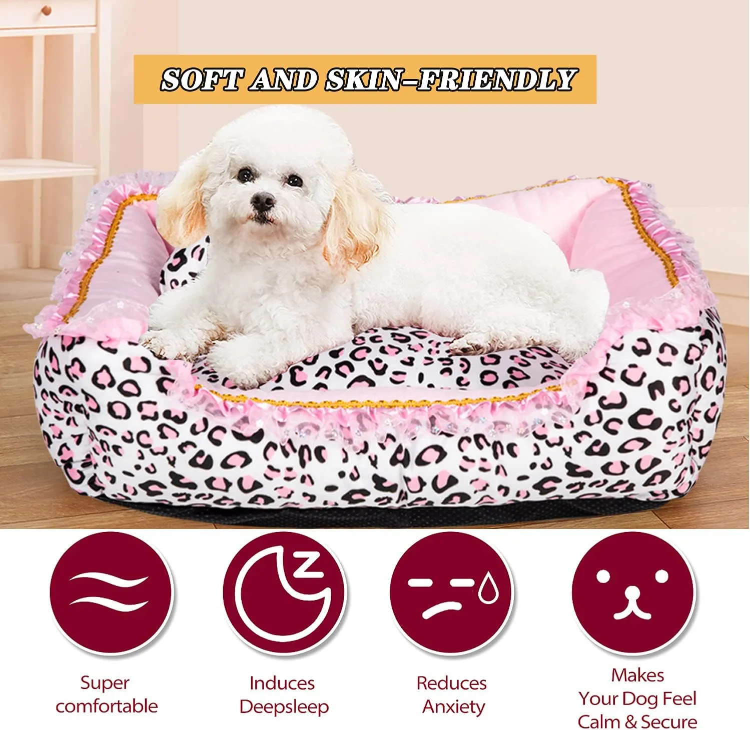 Gigreinc Dog Bed for Small Dogs - Cute Pink Leopard Dog Bed,Cat Beds for Indoor Cats Washable - Square Shape Cat Dog Sofa Bed Pet House Nest Cave(L, 22.0" L x 17.0" W x 6.0" Th