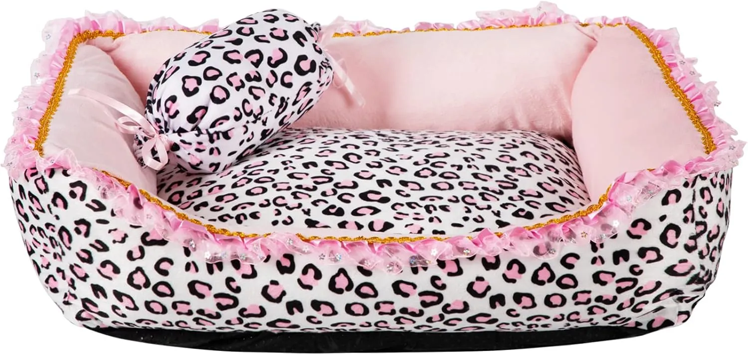 Gigreinc Dog Bed for Small Dogs - Cute Pink Leopard Dog Bed,Cat Beds for Indoor Cats Washable - Square Shape Cat Dog Sofa Bed Pet House Nest Cave(L, 22.0" L x 17.0" W x 6.0" Th