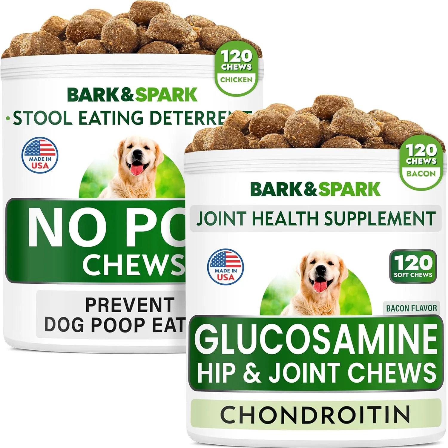 Glucosamine Bacon Flavor   NO PO Treats Bundle - Joint Pain Relief   Coprphagia Treatment - Chondroitin, MSM, Omega-3   Probiotics & Enzymes - Digestive Health - 240 Soft Chews - Made in USA