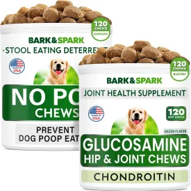 Glucosamine Bacon Flavor   NO PO Treats Bundle - Joint Pain Relief   Coprphagia Treatment - Chondroitin, MSM, Omega-3   Probiotics & Enzymes - Digestive Health - 240 Soft Chews - Made in USA