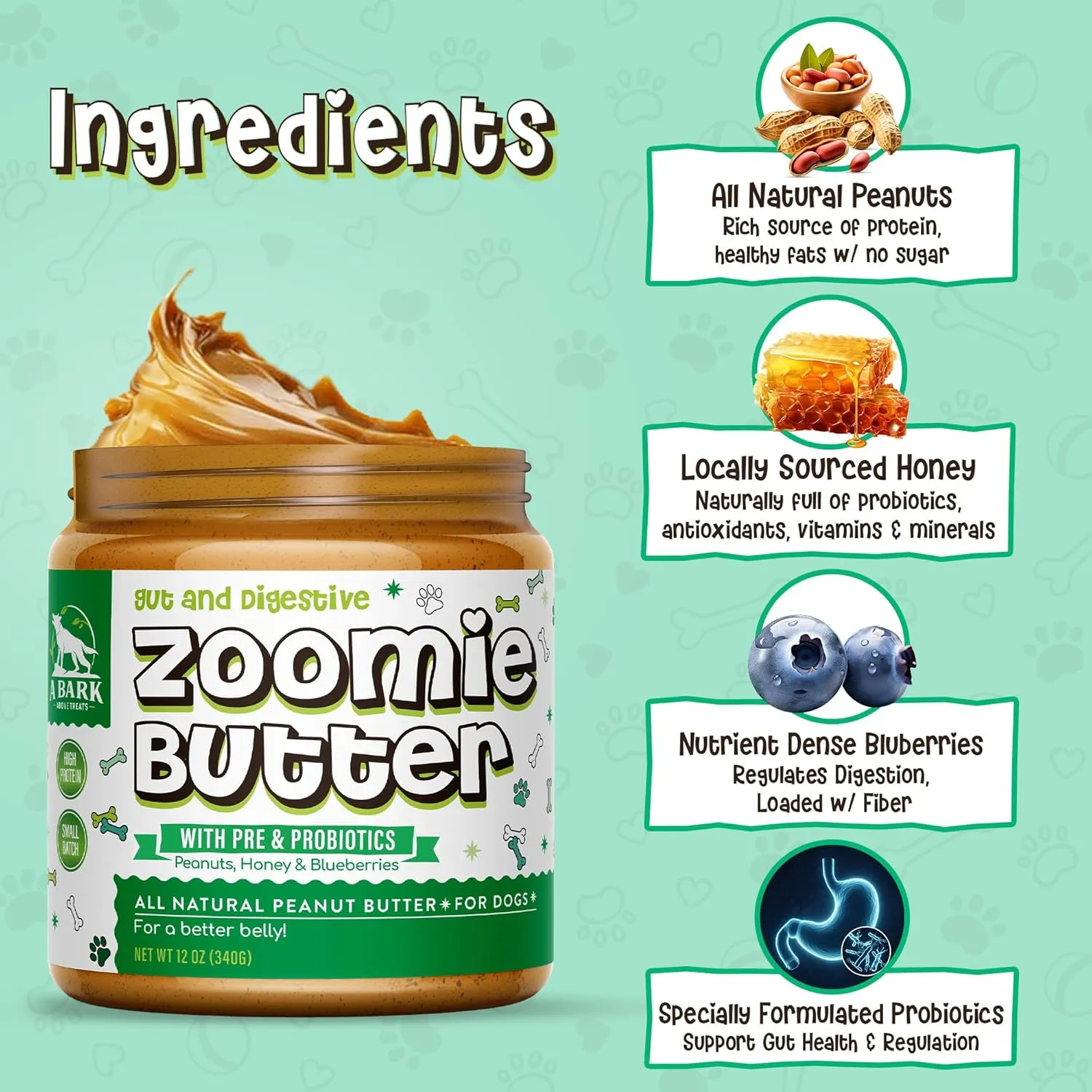 Gut & Digestive Pre & Probiotic Dog Peanut Butter Spread, All Natural Dog Treat. Human Grade & Safe Puppy Food, Peanuts & Blueberries for Digestion, Inflammation, Grown & Made in USA