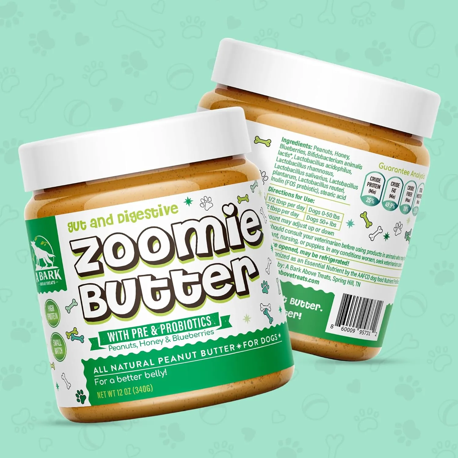 Gut & Digestive Pre & Probiotic Dog Peanut Butter Spread, All Natural Dog Treat. Human Grade & Safe Puppy Food, Peanuts & Blueberries for Digestion, Inflammation, Grown & Made in USA