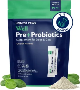 Honest Paws Probiotics for Dogs - Digestive & Immune Support Powder with Prebiotic Made in The USA, Chicken Flavor (30 Sticks)