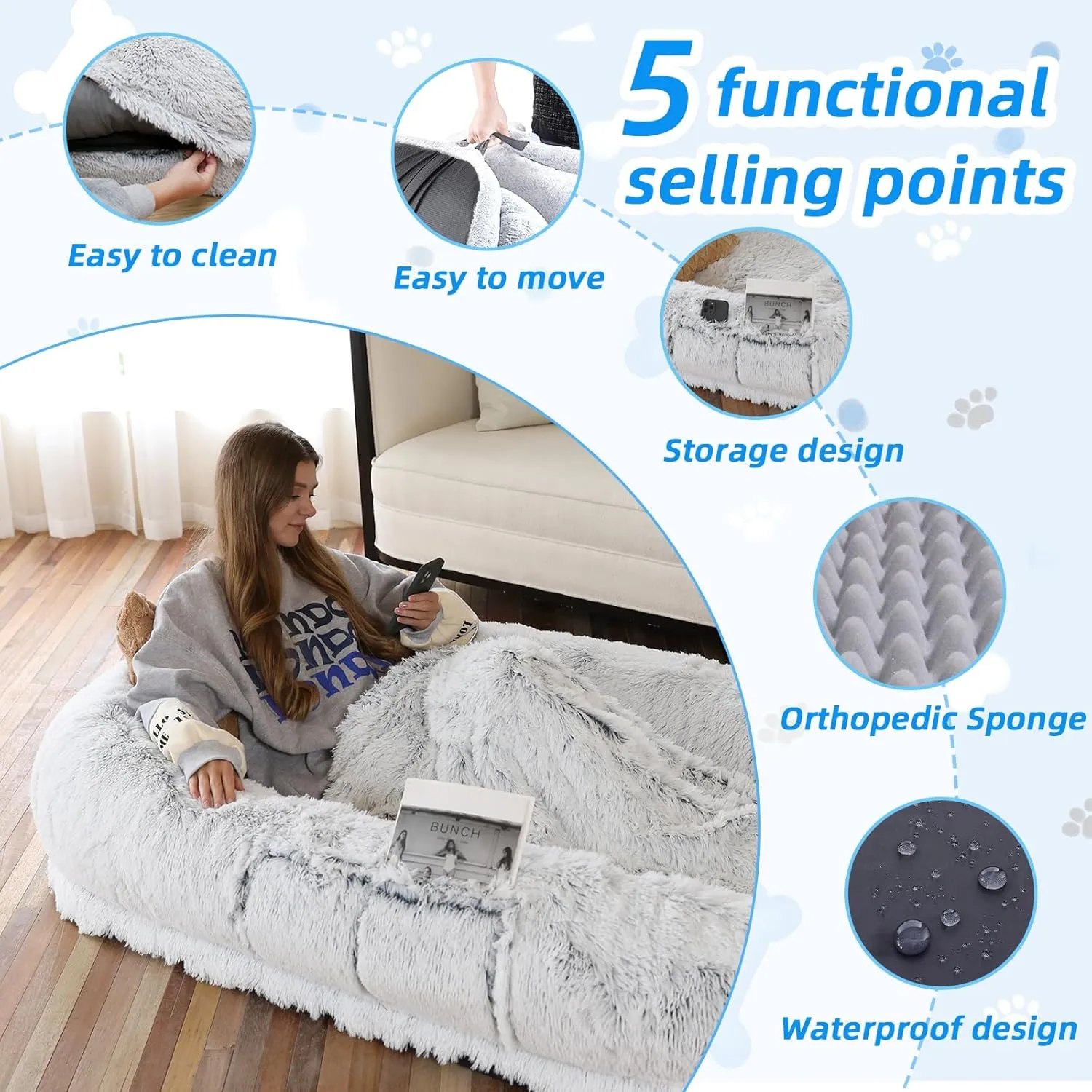 Human Dog Bed, 71''x45''x12'' Size Fits You and Pets, Washable Faux Fur Dog Bed for People Doze Off, Napping Orthopedic Dog Bed, Present Plump Pillow, Blanket, Strap - Grey