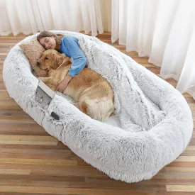 Human Dog Bed, 71''x45''x12'' Size Fits You and Pets, Washable Faux Fur Dog Bed for People Doze Off, Napping Orthopedic Dog Bed, Present Plump Pillow, Blanket, Strap - Grey