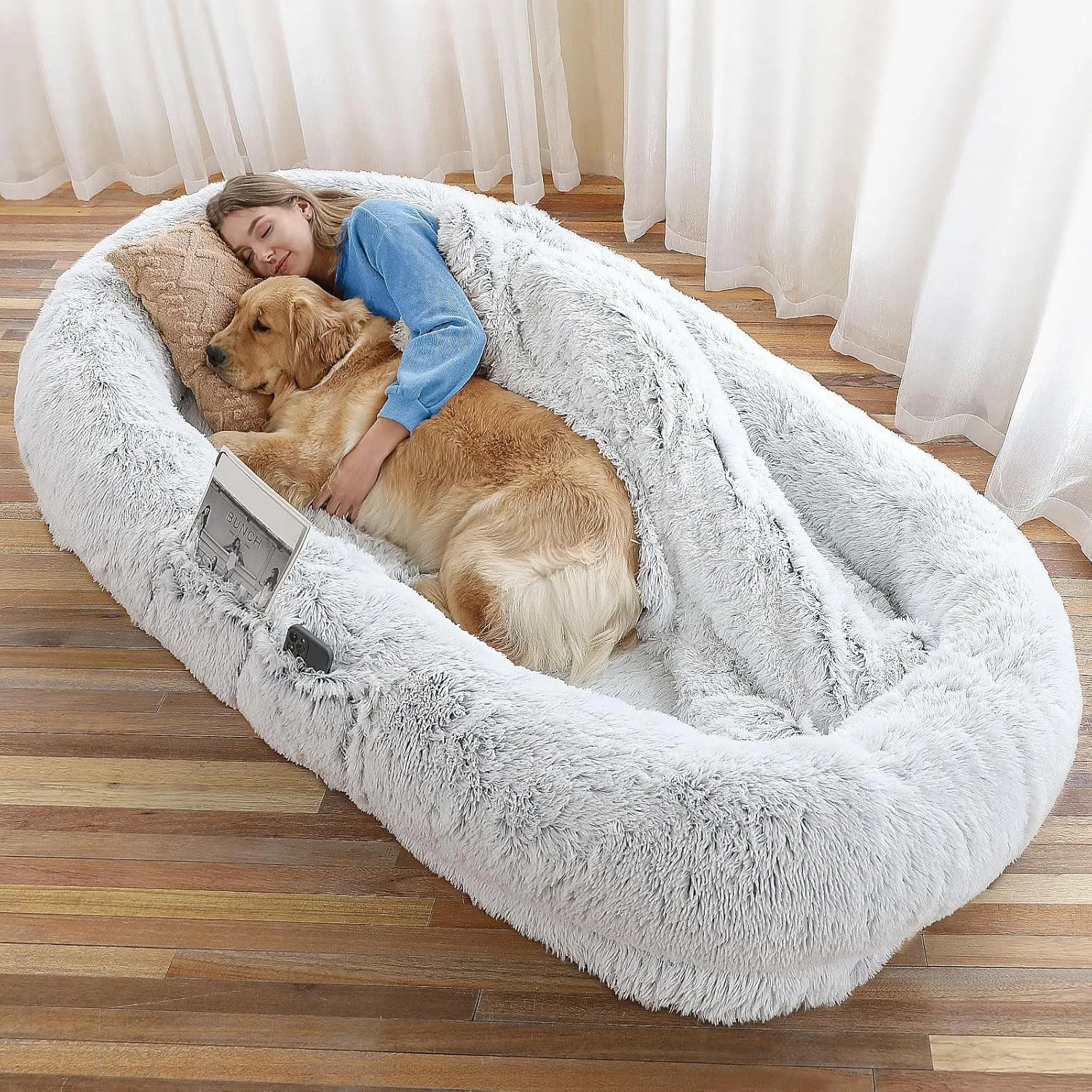 Human Dog Bed, 71''x45''x12'' Size Fits You and Pets, Washable Faux Fur Dog Bed for People Doze Off, Napping Orthopedic Dog Bed, Present Plump Pillow, Blanket, Strap - Grey