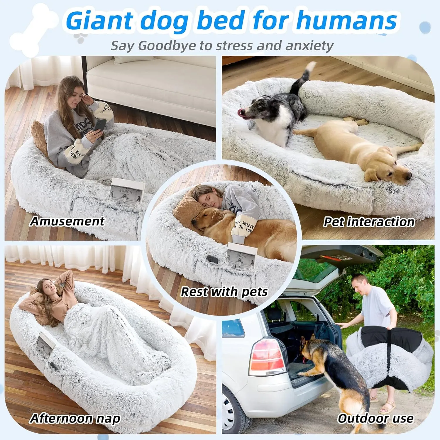 Human Dog Bed, 71''x45''x12'' Size Fits You and Pets, Washable Faux Fur Dog Bed for People Doze Off, Napping Orthopedic Dog Bed, Present Plump Pillow, Blanket, Strap - Grey