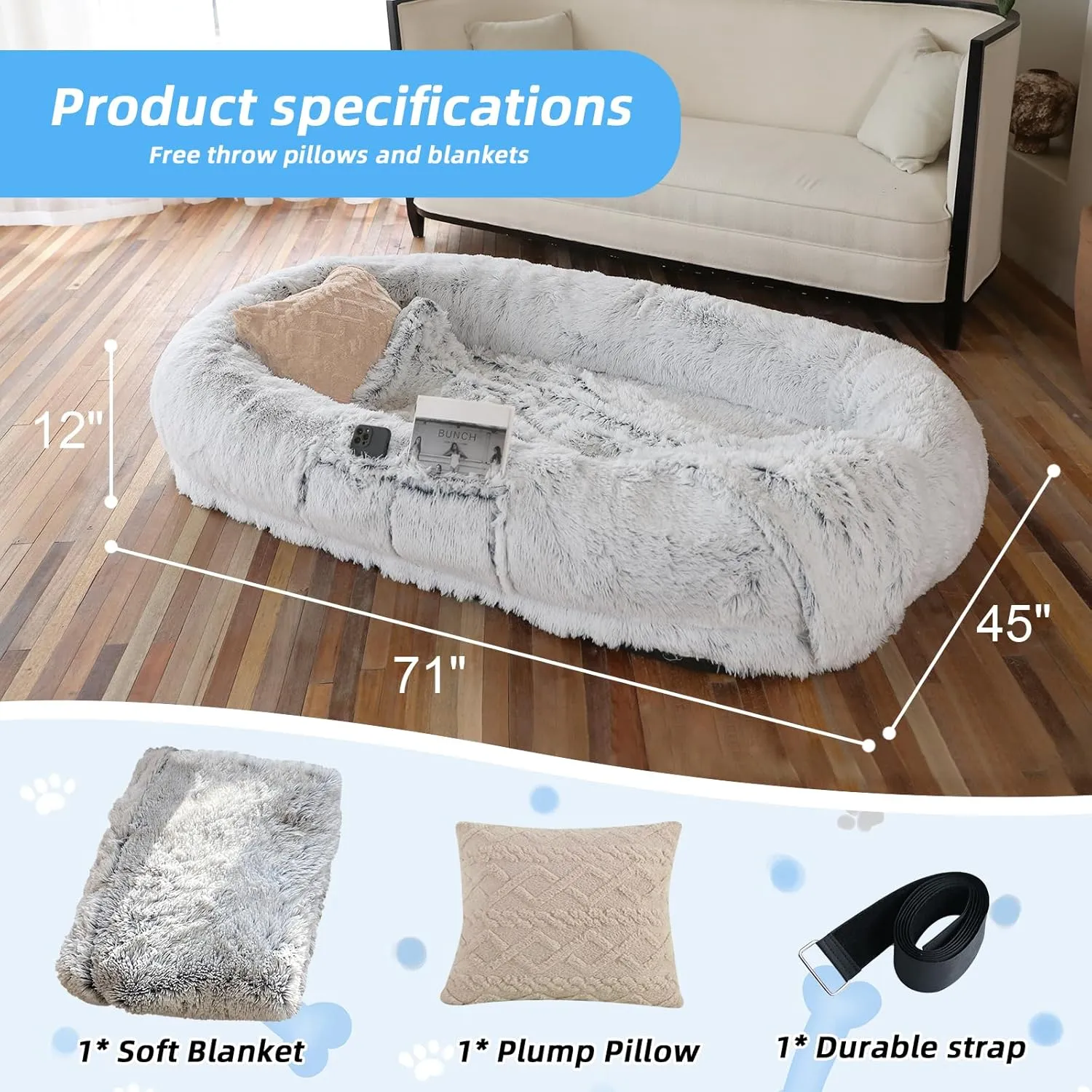 Human Dog Bed, 71''x45''x12'' Size Fits You and Pets, Washable Faux Fur Dog Bed for People Doze Off, Napping Orthopedic Dog Bed, Present Plump Pillow, Blanket, Strap - Grey