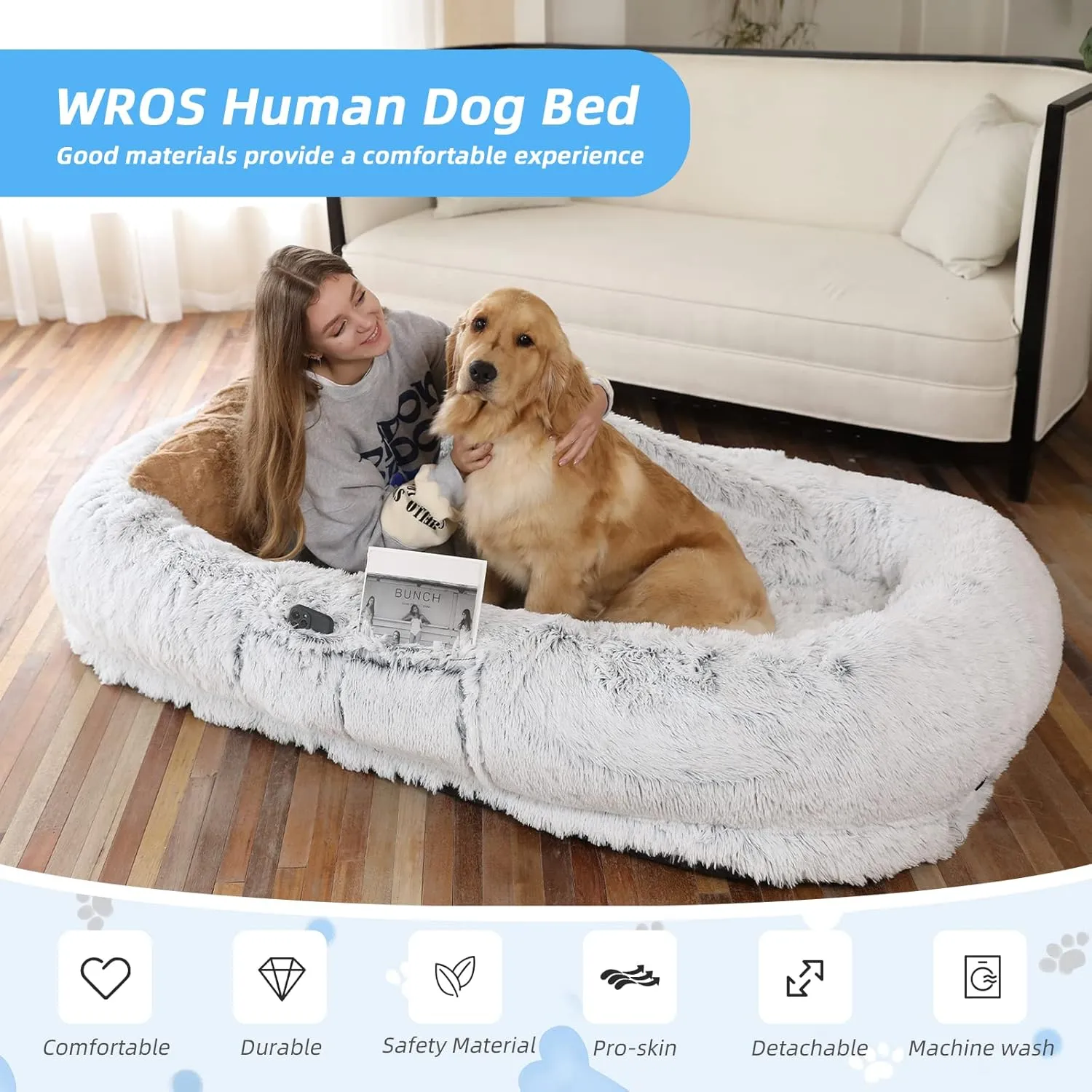 Human Dog Bed, 71''x45''x12'' Size Fits You and Pets, Washable Faux Fur Dog Bed for People Doze Off, Napping Orthopedic Dog Bed, Present Plump Pillow, Blanket, Strap - Grey