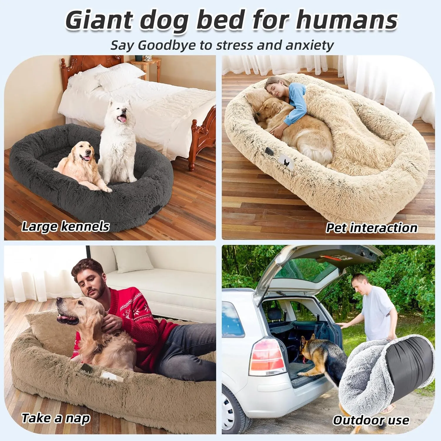 Human Dog Bed, Large Dog Beds for Humans Size Fits You and Pets, Washable Faux Fur Orthopedic Human Dog Bed for People Doze Off, Napping, Present Pillow, Blanket, Strap - Khaki