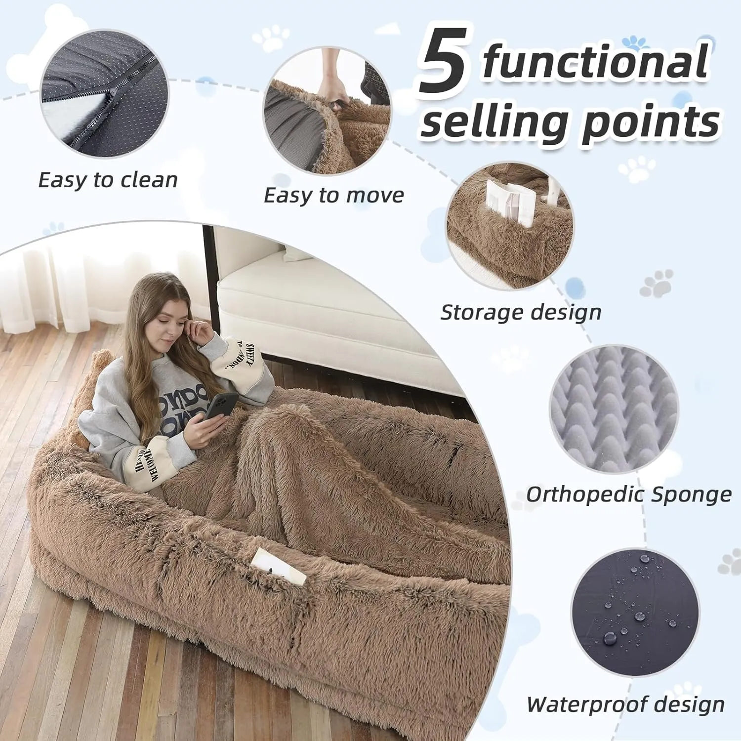 Human Dog Bed, Large Dog Beds for Humans Size Fits You and Pets, Washable Faux Fur Orthopedic Human Dog Bed for People Doze Off, Napping, Present Pillow, Blanket, Strap - Khaki