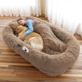 Human Dog Bed, Large Dog Beds for Humans Size Fits You and Pets, Washable Faux Fur Orthopedic Human Dog Bed for People Doze Off, Napping, Present Pillow, Blanket, Strap - Khaki