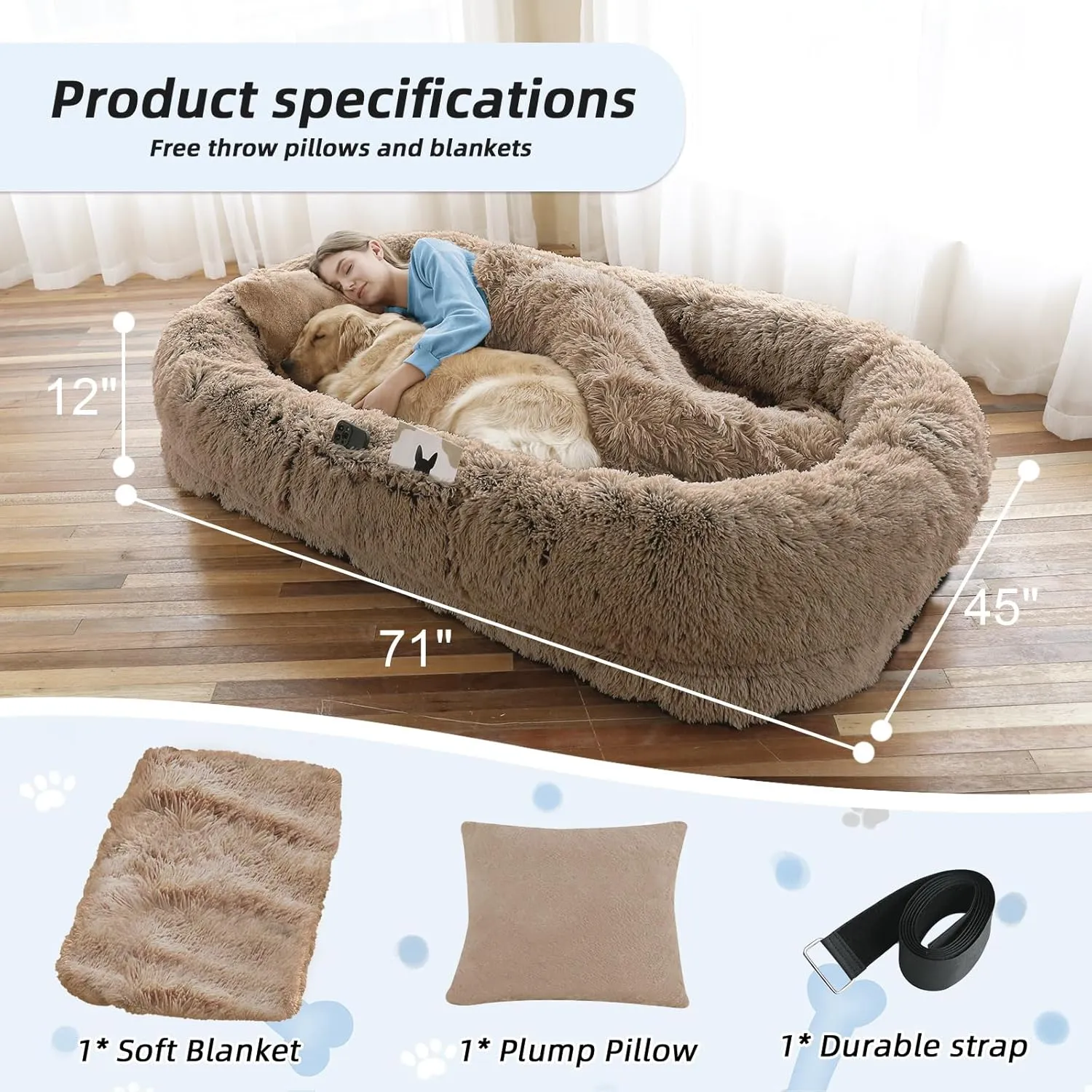 Human Dog Bed, Large Dog Beds for Humans Size Fits You and Pets, Washable Faux Fur Orthopedic Human Dog Bed for People Doze Off, Napping, Present Pillow, Blanket, Strap - Khaki