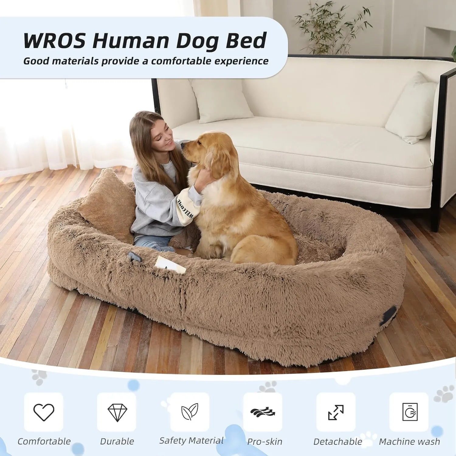 Human Dog Bed, Large Dog Beds for Humans Size Fits You and Pets, Washable Faux Fur Orthopedic Human Dog Bed for People Doze Off, Napping, Present Pillow, Blanket, Strap - Khaki