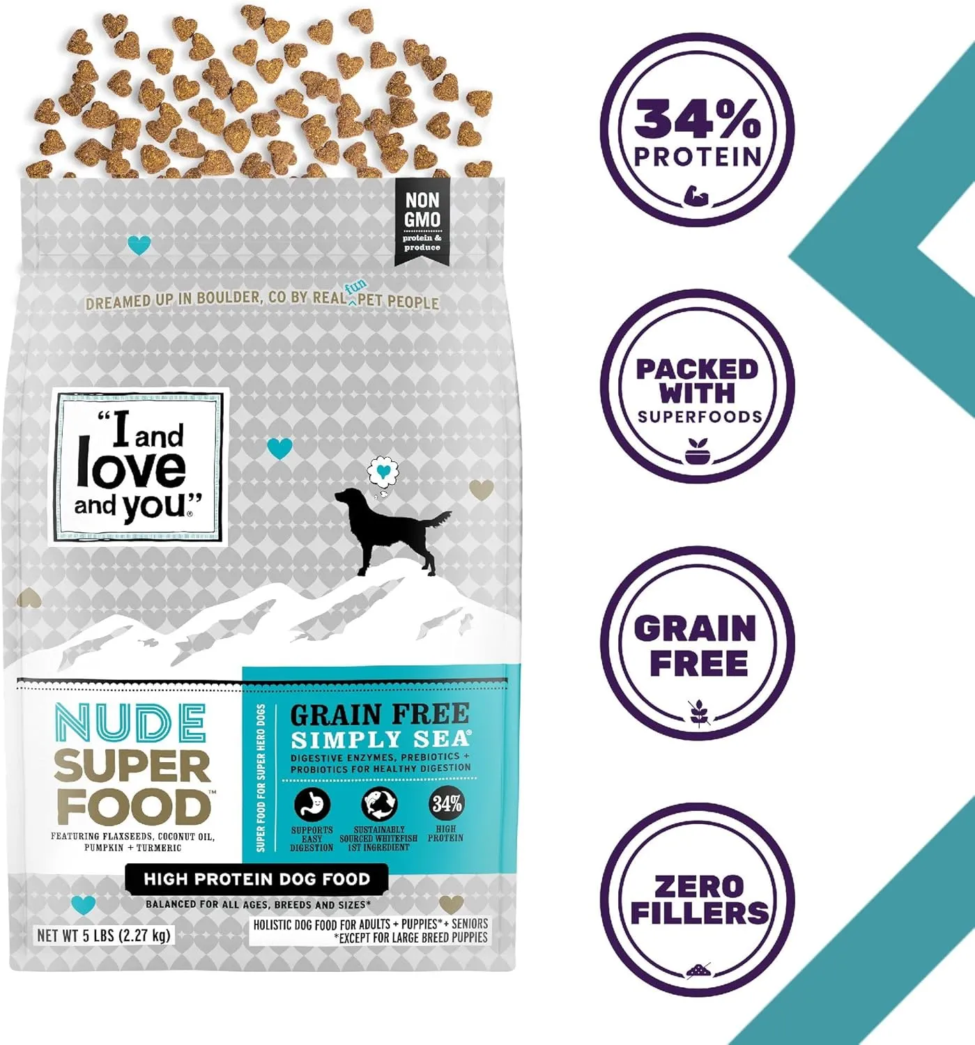 I and love and you Nude Super Food Dry Dog Food - Salmon   Whitefish - Prebiotic   Probiotic, Grain Free, Real Meat, No Fillers, 5lb Bag