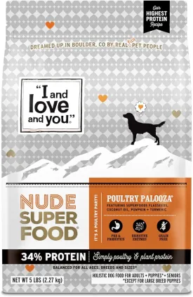 I and love and you Nude Super Food Dry Dog Food - Turkey   Chicken - Prebiotic   Probiotic, Grain Free, Real Meat, No Fillers, 5lb Bag