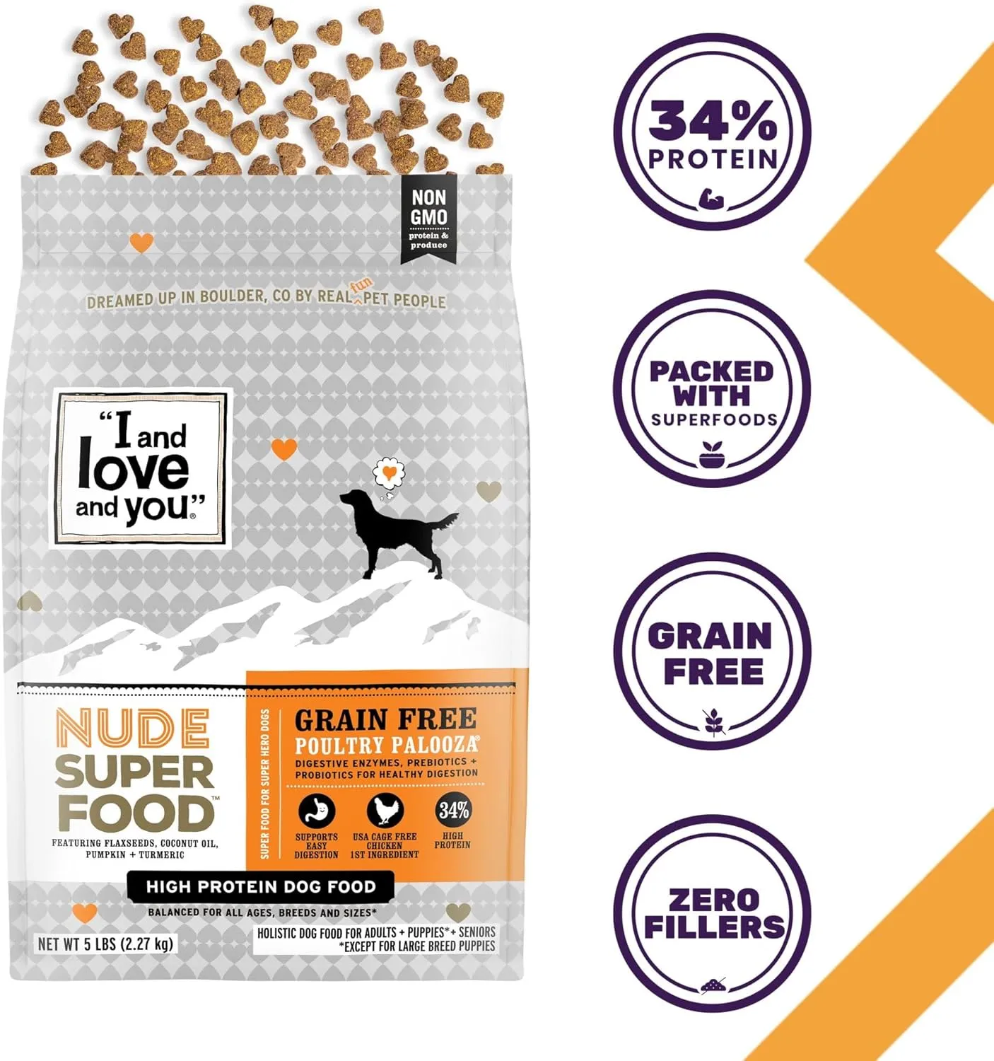 I and love and you Nude Super Food Dry Dog Food - Turkey   Chicken - Prebiotic   Probiotic, Grain Free, Real Meat, No Fillers, 5lb Bag